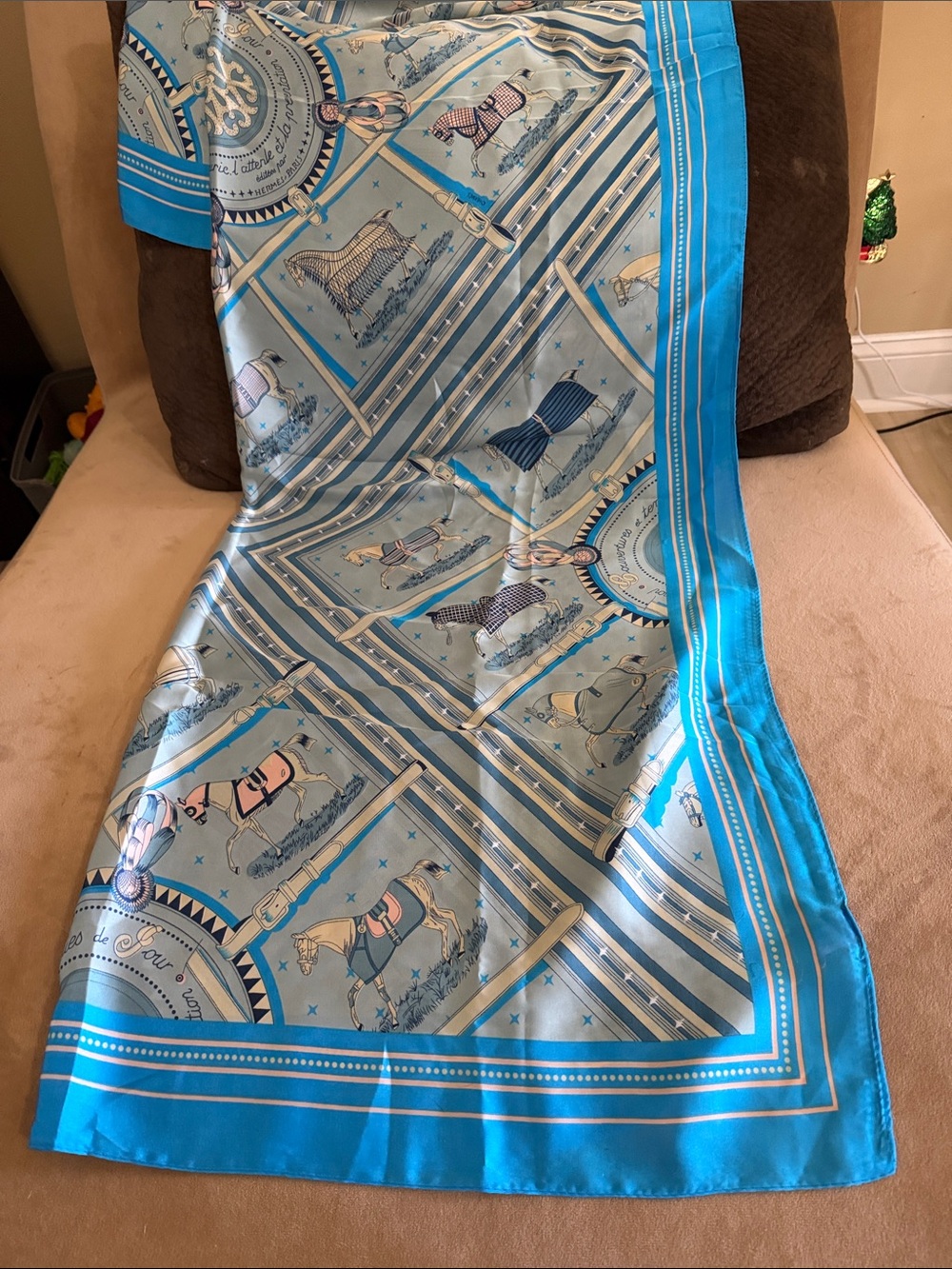 Silky Horse-Print Coverup Scarf in Light Blue